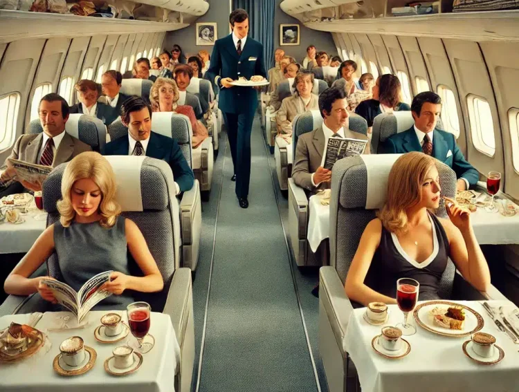 viajar de avião; anos 70; glamour da aviação; experiência de voo.