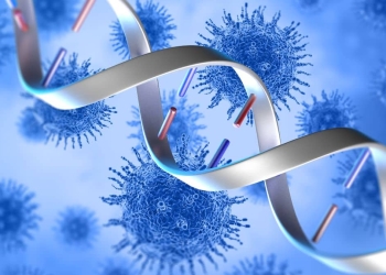 Imagem ilustrativa de espécies de vírus RNA, destacando o material genético em fita simples, representado pela estrutura de RNA em frente aos vírus.