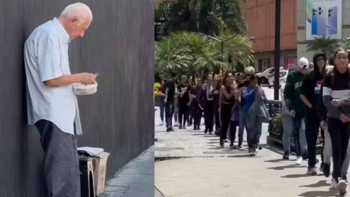 Fila de jovens comprando os biscoitos do idoso triste.