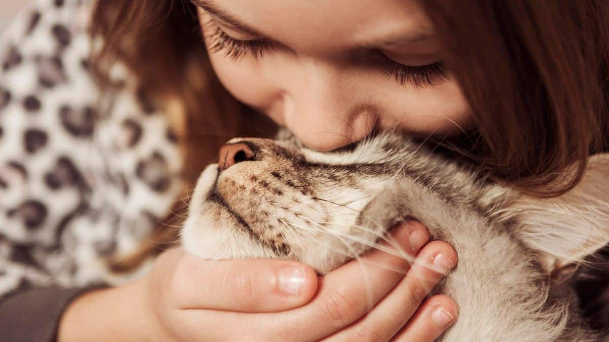 Criança beijando um gato.