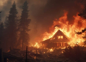 Casa em chamas durante incêndio.