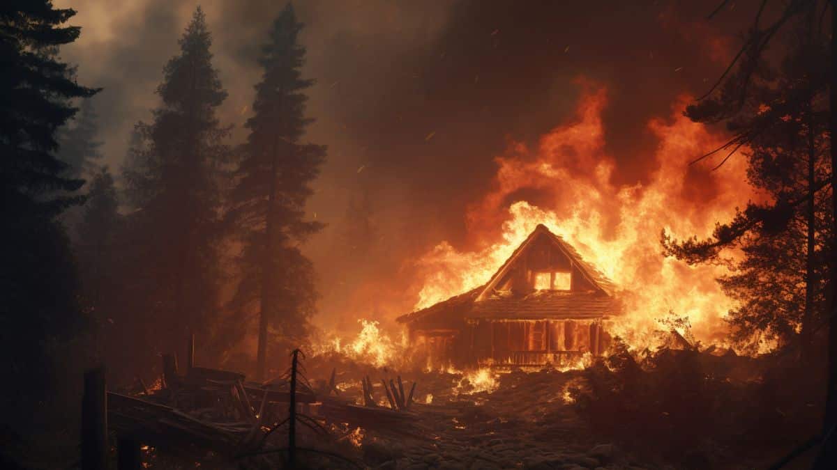 Casa em chamas durante incêndio.