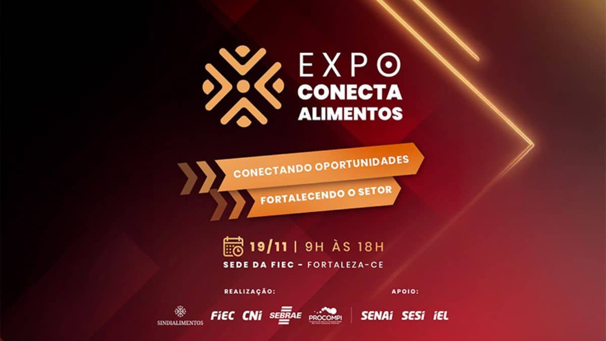 Convite para a Expo Conecta Alimentos, realizada na sede da FIEC em Fortaleza, destacando inovação, networking e oportunidades no setor alimentício.