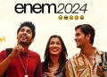 Três jovens sorrindo, com o título 'Enem 2024' acima e emojis representando diferentes expressões.