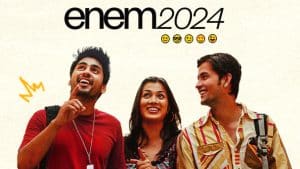 Três jovens sorrindo, com o título 'Enem 2024' acima e emojis representando diferentes expressões.