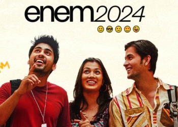 Três jovens sorrindo, com o título 'Enem 2024' acima e emojis representando diferentes expressões.