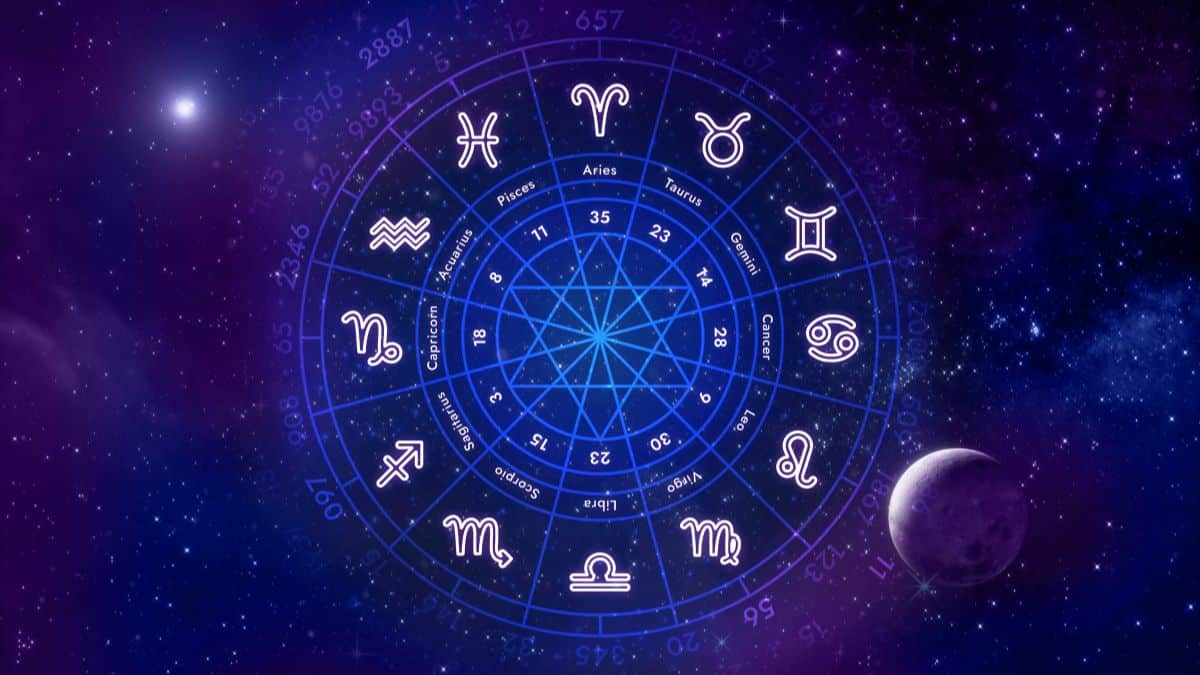 Roda do zodíaco em fundo roxo estrelado, com símbolos dos 12 signos dispostos circularmente e linhas conectando os pontos centrais.