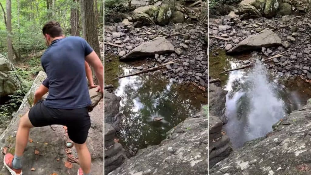 ''Falha na matrix'', imagens do vídeo de pedra na água.