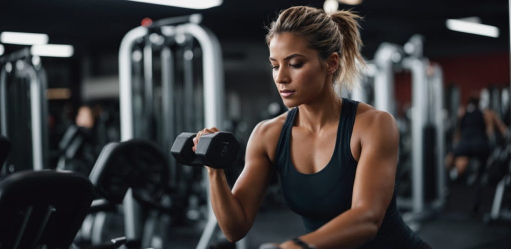 Mulher treinando na academia com halteres, destacando a importância do descanso entre os treinos para melhor recuperação muscular