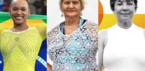 Montagem com três mulheres brasileiras reconhecidas pela BBC como influentes: Rebeca Andrade, ginasta medalhista olímpica; Lourdes Barreto, ativista pelos direitos das profissionais do sexo; e Silvana Santos, bióloga que identificou a Síndrome de Spoan.