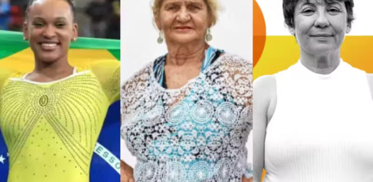 Montagem com três mulheres brasileiras reconhecidas pela BBC como influentes: Rebeca Andrade, ginasta medalhista olímpica; Lourdes Barreto, ativista pelos direitos das profissionais do sexo; e Silvana Santos, bióloga que identificou a Síndrome de Spoan.