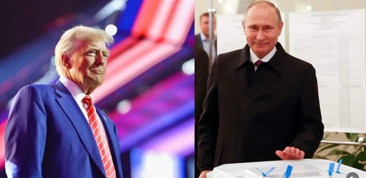 Montagem com duas imagens: à esquerda, um homem de cabelos loiros vestido com terno azul e gravata vermelha está em um evento iluminado por luzes coloridas. À direita, outro homem de terno preto e gravata vermelha sorri enquanto deposita um voto em uma urna transparente, com documentos e pessoas ao fundo.