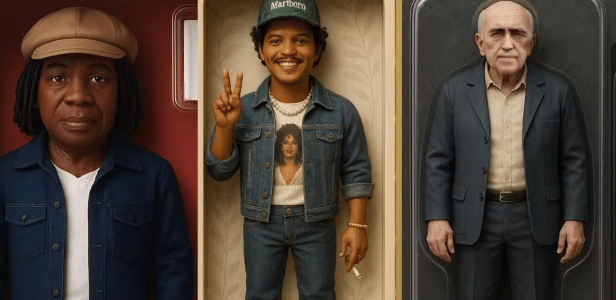 Três figuras no estilo Action Figure, com aparência realista e roupas detalhadas, em embalagens que imitam caixas de brinquedo.