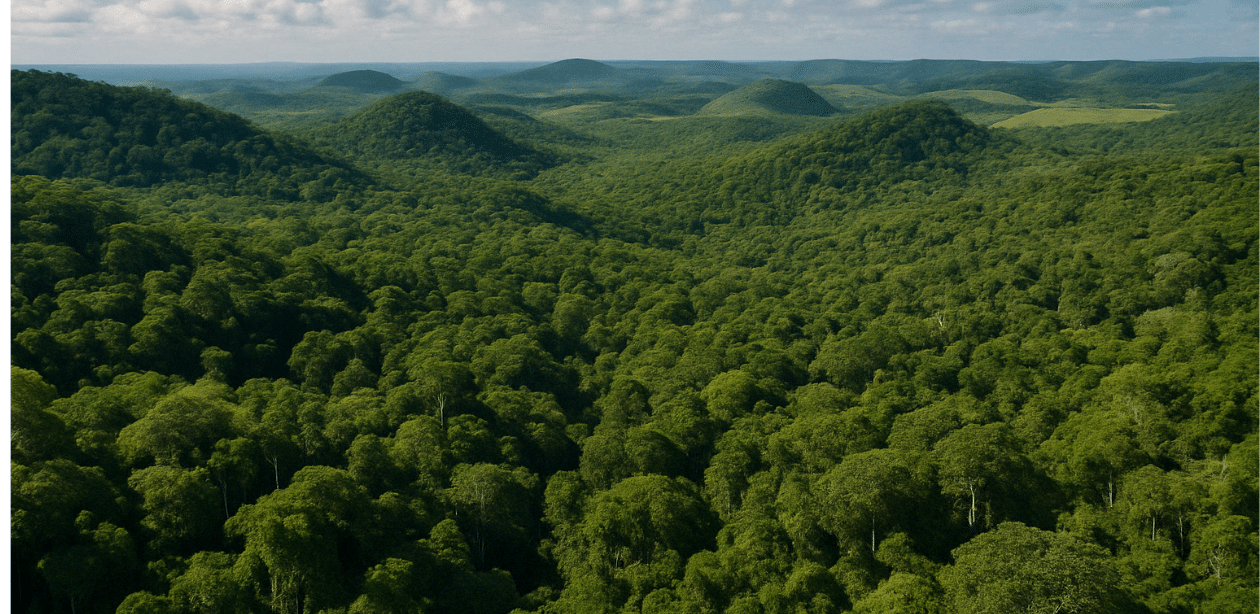 Vista aérea de bioma preservado com vegetação densa e colinas verdes sob céu azul com nuvens, representando recuperação ambiental
