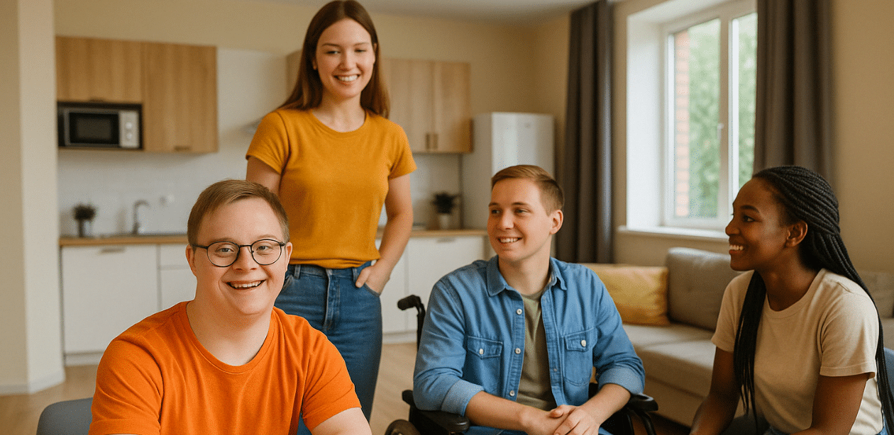 Jovens com deficiência, incluindo um rapaz com Síndrome de Down e outro cadeirante, convivem em residência estudantil inclusiva e acolhedora