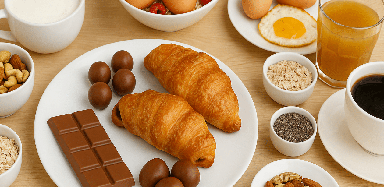 Mesa de café da manhã com chocolate, croissants, ovos, castanhas, chia, aveia, frutas e bebidas, representando equilíbrio alimentar
