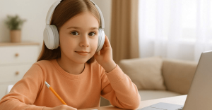 Menina estudando com fones de ouvido, simbolizando os benefícios da música instrumental para TDAH no aumento do foco infantil