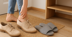 Pessoa tirando os sapatos na entrada de casa, representando o hábito de tirar os sapatos para manter a saúde e higiene do lar