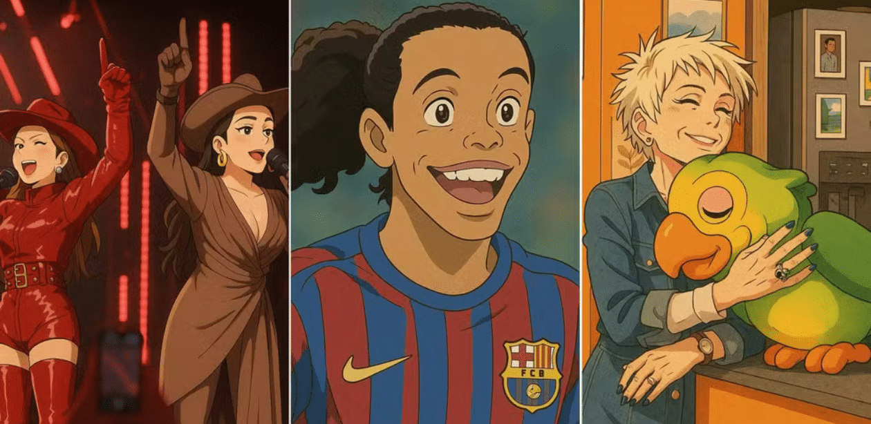 Imagem no estilo Studio Ghibli gerada por IA via ChatGPT, mostrando personagens estilizados de famosos brasileiros em diferentes cenários.