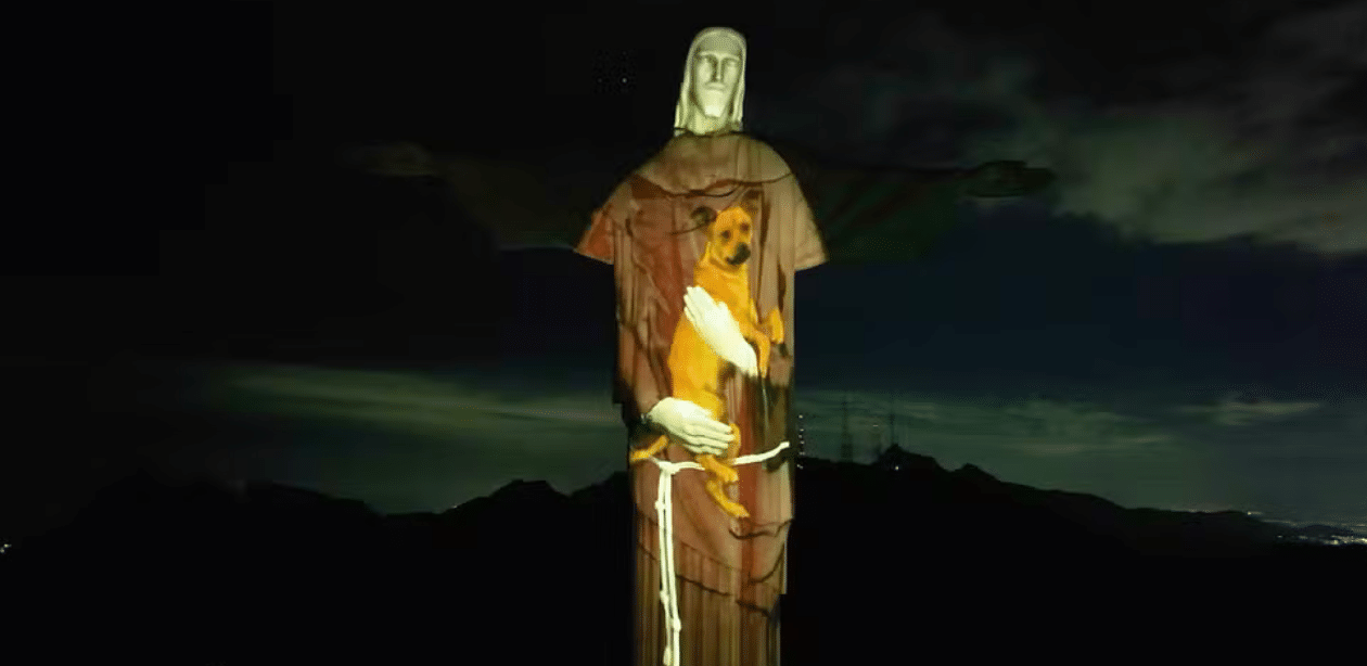 Projeção no Cristo Redentor mostra cão vira-lata caramelo em ação de apoio à adoção responsável de animais.
