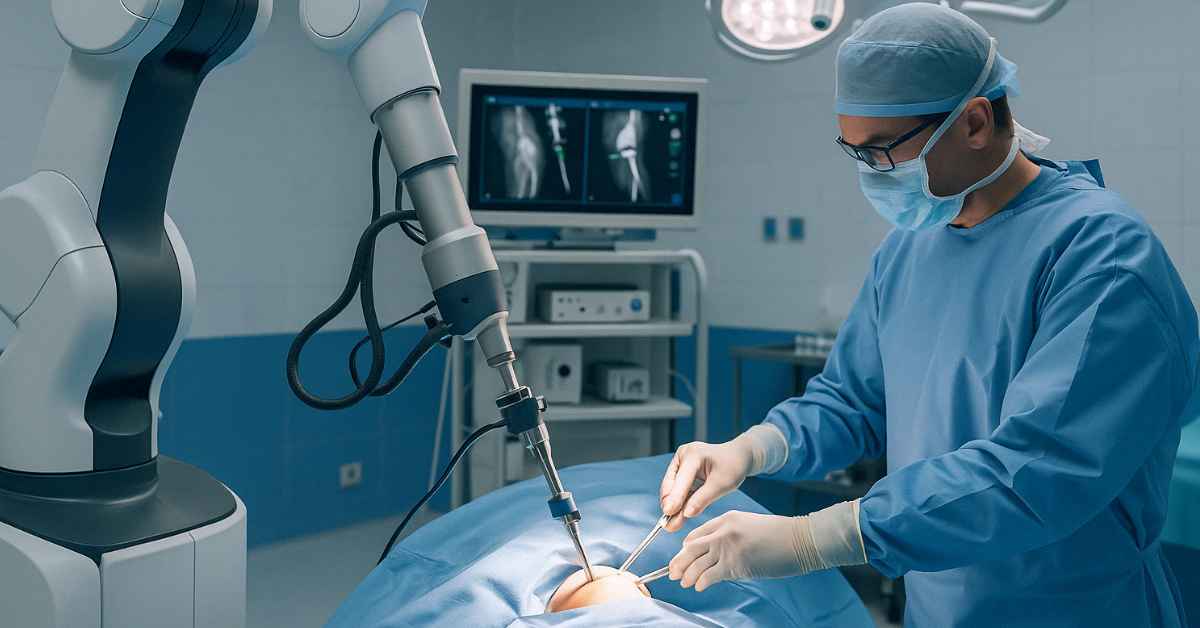 Cirurgião realiza cirurgia robótica com braço automatizado em hospital moderno