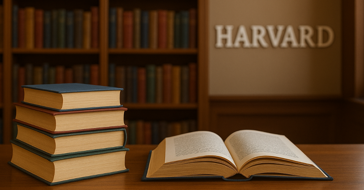 Estante de livros com símbolo de Harvard ao fundo