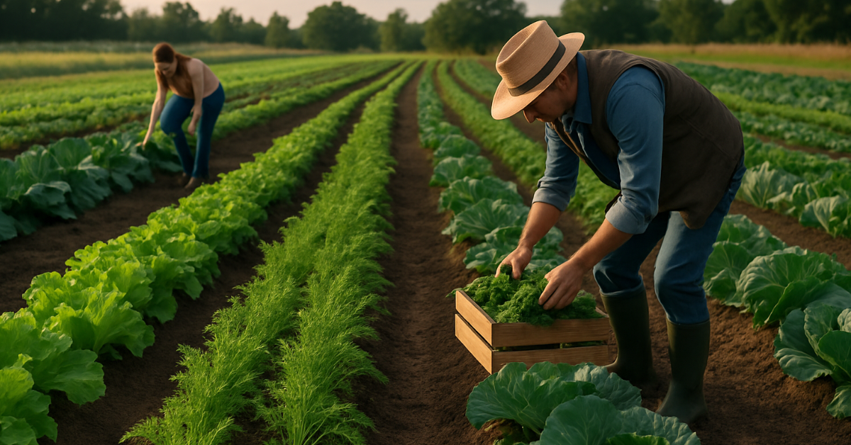 Plantação de alimentos orgânicos com hortaliças variadas sendo colhidas por agricultores em área rural ao ar livre