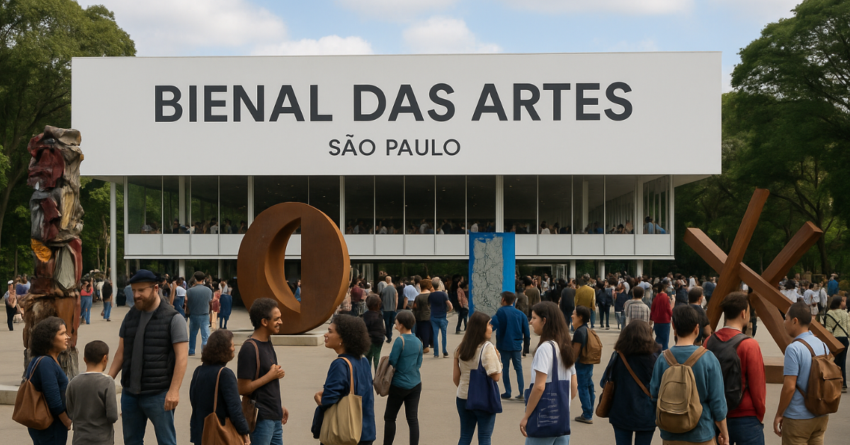 Pessoas visitam a Bienal das Artes de São Paulo com esculturas ao ar livre e fachada moderna do pavilhão em destaque