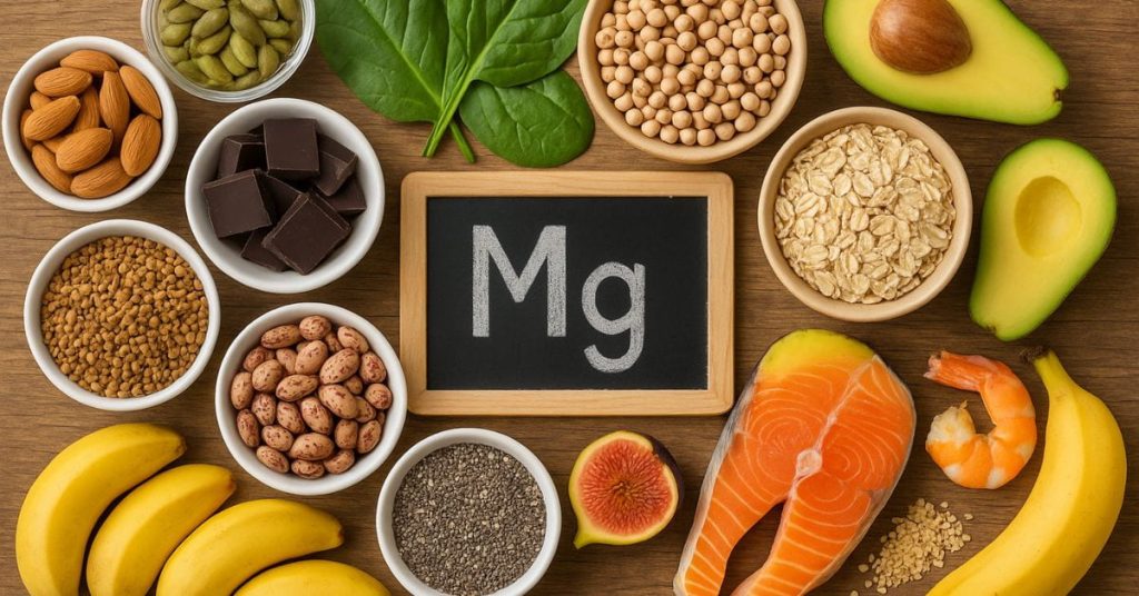 Alimentos ricos em magnésio organizados sobre mesa de madeira
