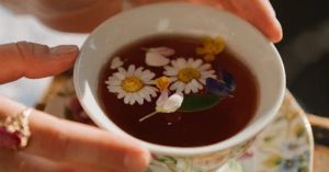 Xícara com chá de camomila e flores, símbolo dos chás para combater o estresse