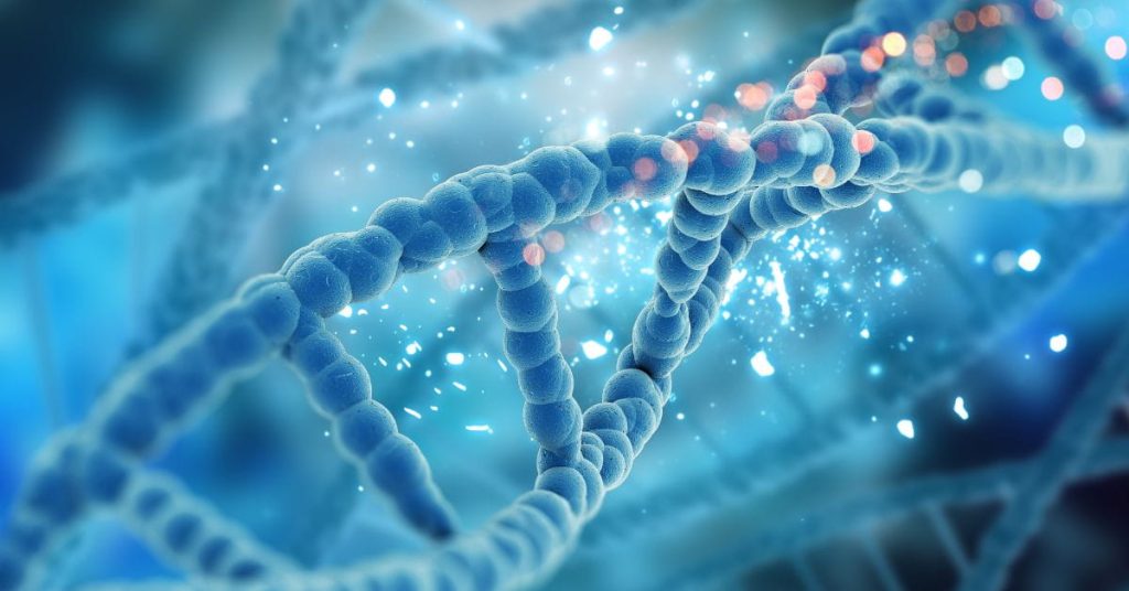Representação tridimensional do DNA do Brasil com hélices azuis em destaque