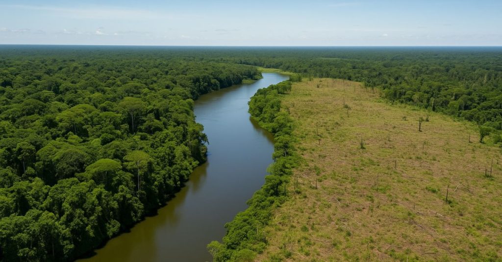 Vista aérea da Floresta Amazônica com rio e área desmatada em recuperação