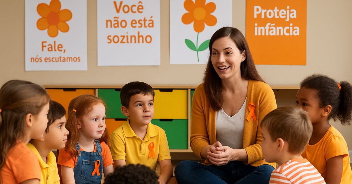 Crianças em roda de conversa com professora durante ação do Maio Laranja