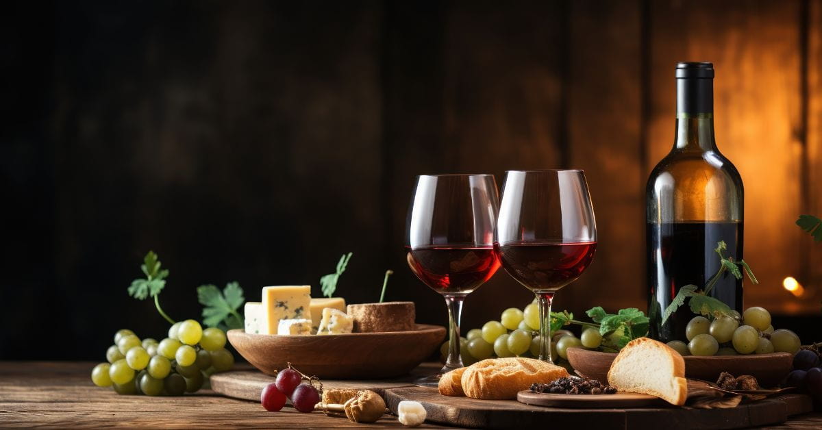 Mesa com vinho tinto, queijos e uvas harmonizados com Malbec e Carménère