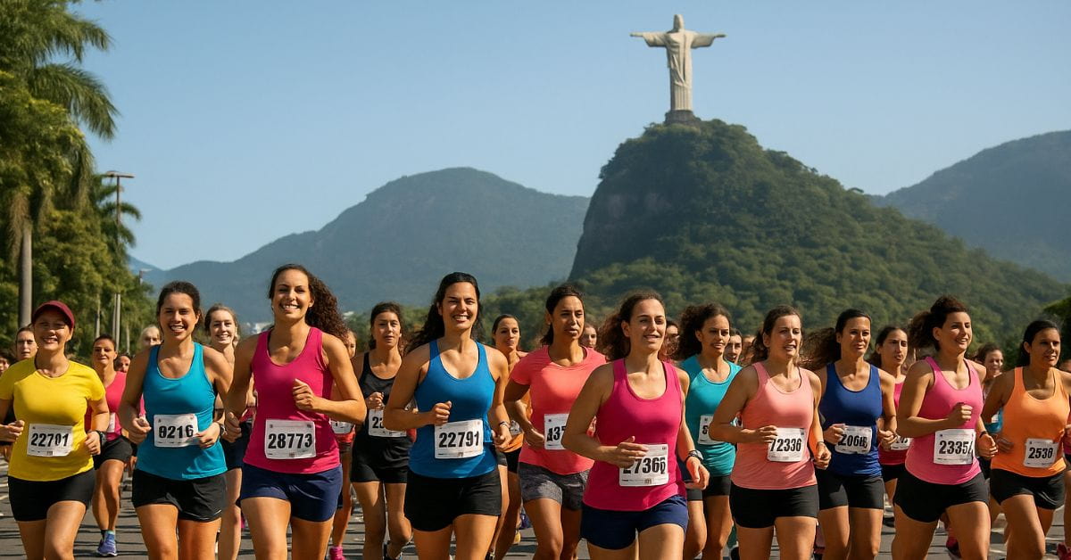 Mulheres na Maratona do Rio correndo em grupo com o Cristo Redentor ao fundo em uma avenida cercada por natureza