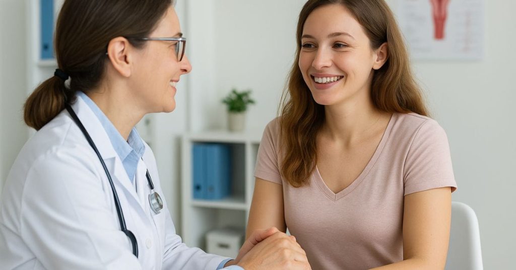 Paciente jovem sorri enquanto conversa com médica durante consulta sobre tratamento do câncer ginecológico