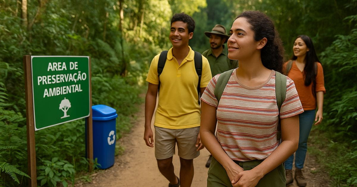 Turistas praticando turismo sustentável no Brasil em trilha ecológica com guia e sinalização ambiental