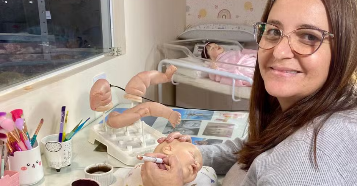 Artesã segura bebê reborn realista em ateliê artesanal