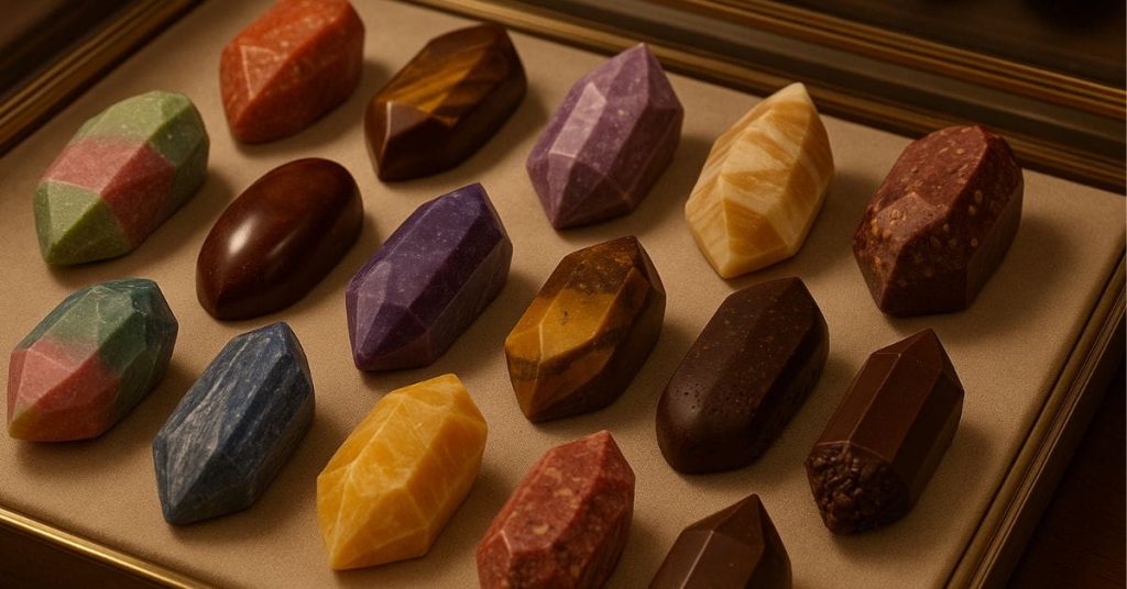 Chocolates mineiros em forma de cristais artesanais exibidos como joias