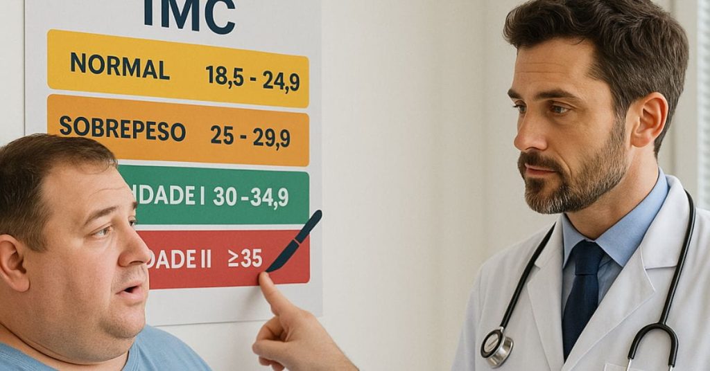 Médico avalia paciente obeso ao lado de tabela de IMC para cirurgia bariátrica