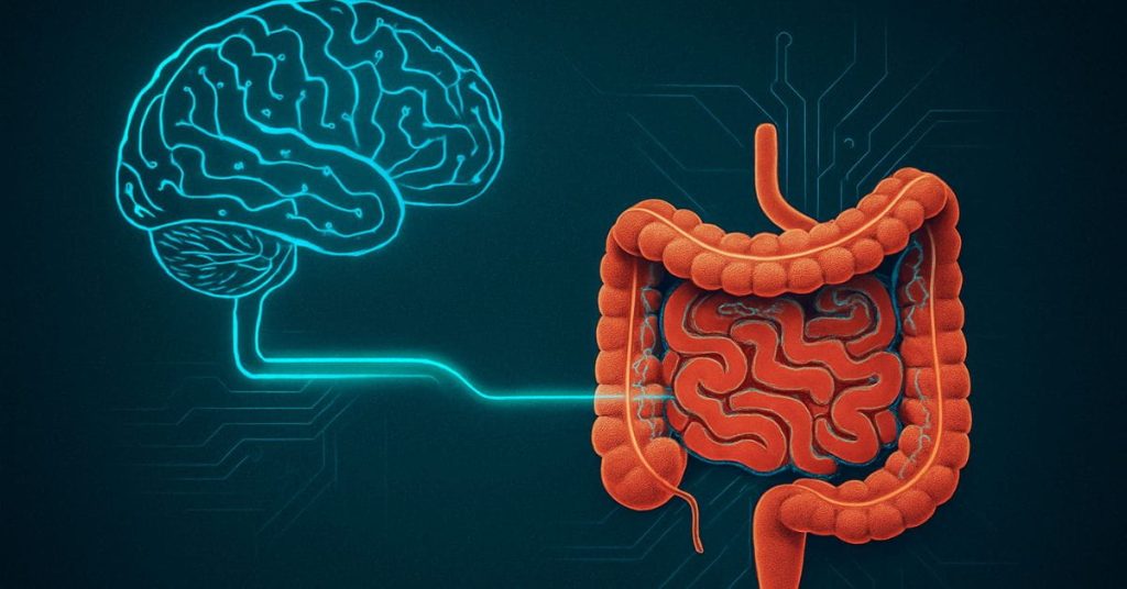 Conexão intestino-cérebro representada por linha neural entre órgãos