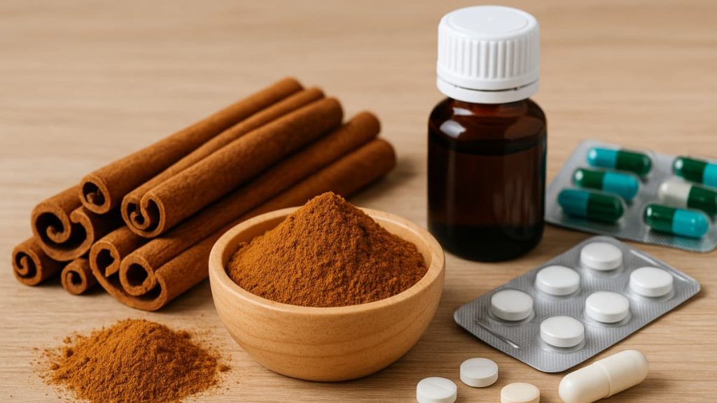 Caneleira em pó, paus de canela e remédios sobre uma mesa, representando os efeitos da canela no organismo.
