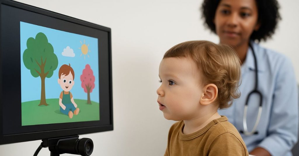 Criança realiza exame para diagnóstico do autismo com rastreamento ocular enquanto assiste a vídeos