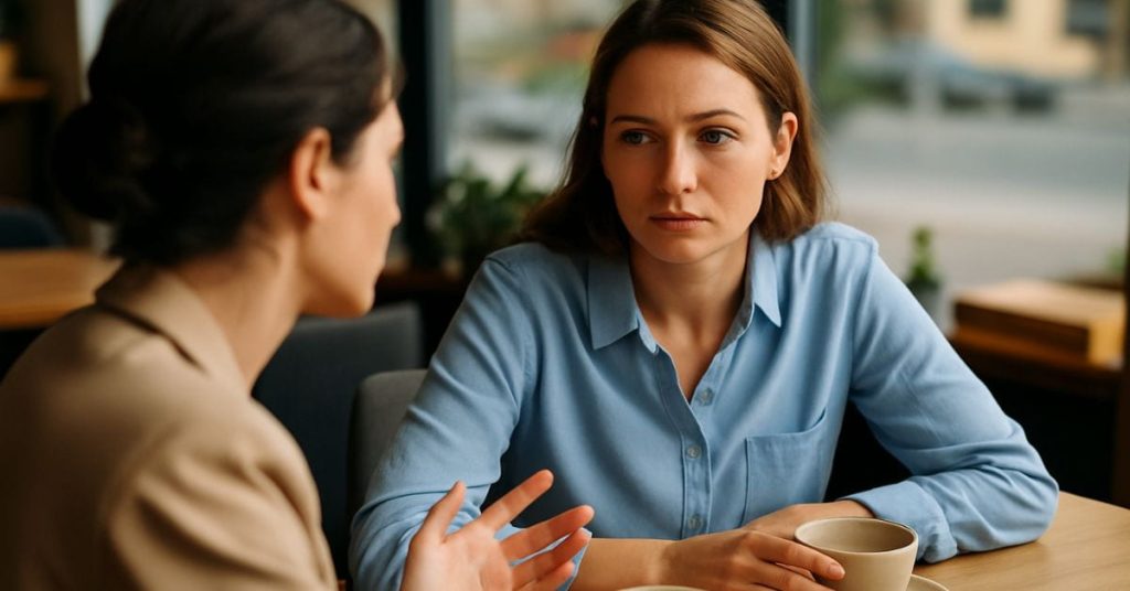 Duas pessoas conversam em ambiente público enquanto uma observa atentamente para detectar pessoas ruins