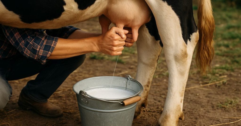 Pessoa ordenha vaca e enche balde com leite fresco no campo