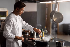 Jovem microempreendedor cozinhando em seu restaurante