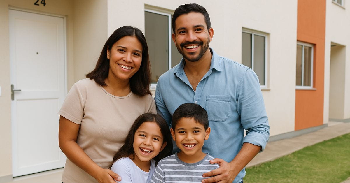 Família sorri em frente ao novo lar após recomeço fora da Favela do Moinho