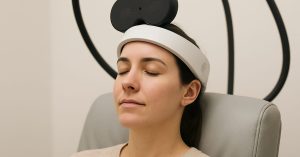 pessoa em sessão de neuromodulação com olhos fechados