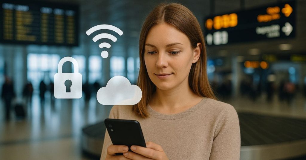 Mulher em aeroporto usando celular com ícones digitais para proteger as informações do celular