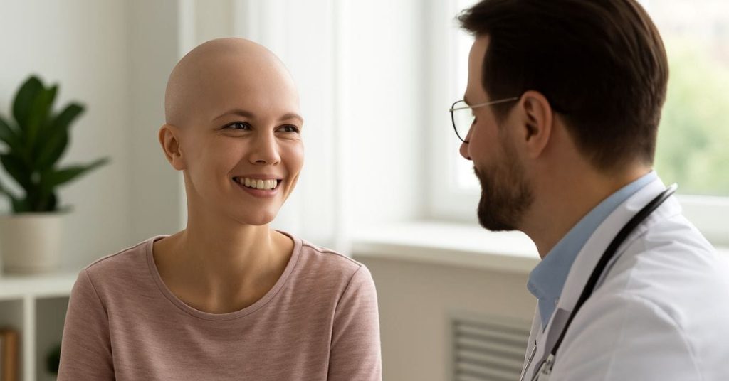 Paciente em remissão do câncer sorri durante consulta médica